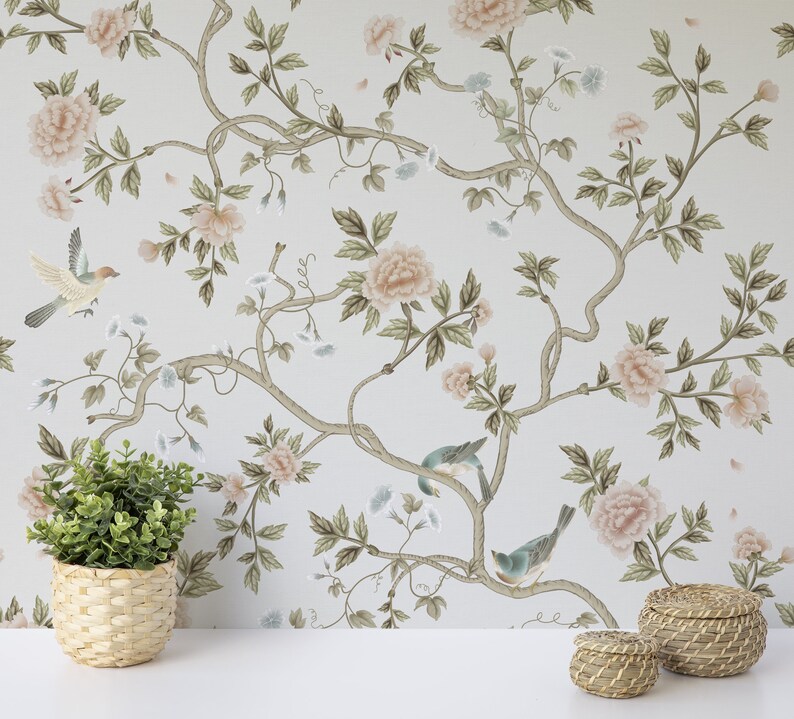 Lente Chinoiserie behang, verwijderbare schil en plak muurschildering of plak de muur vliesbehang ontwerp, champagne print, muur sticker afbeelding 3