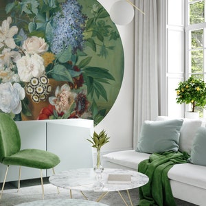Decorazione da parete con stampa • carta da parati floreale con nature morte, rotonda • stacca e incolla • adesivo da parete rimovibile • adesivo da parete autoadesivo • cerchio di fiori