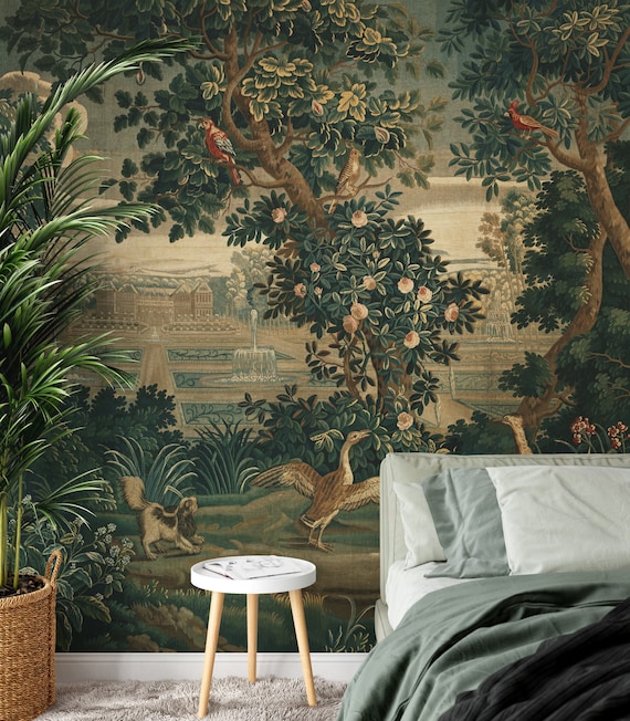 Verdure Tapestry Wallpaper: Lush Greenery, Château Garden, Removable Mural