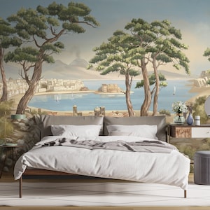 Napoli Panorama Scenic Wallpaper, Rimovibile Peel and Stick Mural o Incolla il muro Non-Woven Wallpaper Design, Italy Coast Print, Decalcomanie da muro