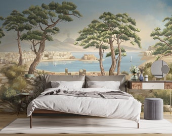 Naples Panorama Scenic Wallpaper, Removable Peel and Stick Mural or Paste the Wall Non-Woven Wallpaper Design, Italy Coast Print, Wall Decal