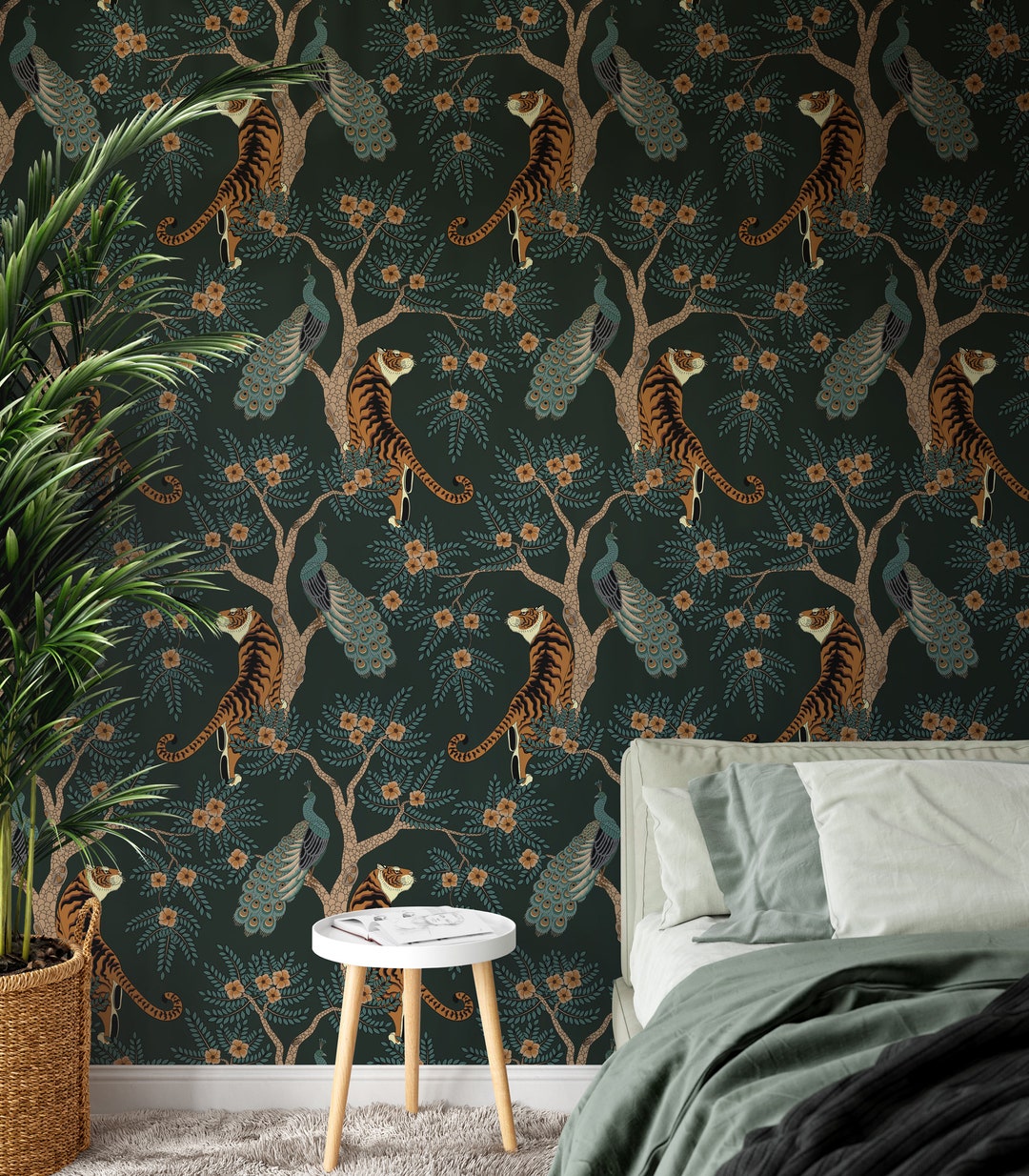 Tiger Jungle Wallpaper: Floral Peel and Stick Wall Mural - Etsy