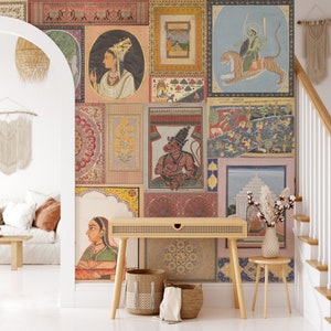 Carta da parati indiana, carta da parati rimovibile con collage etnico indiano, design Mughal Kahani Story, Ragamala, decorazione da parete con tappeto, stacca e attacca