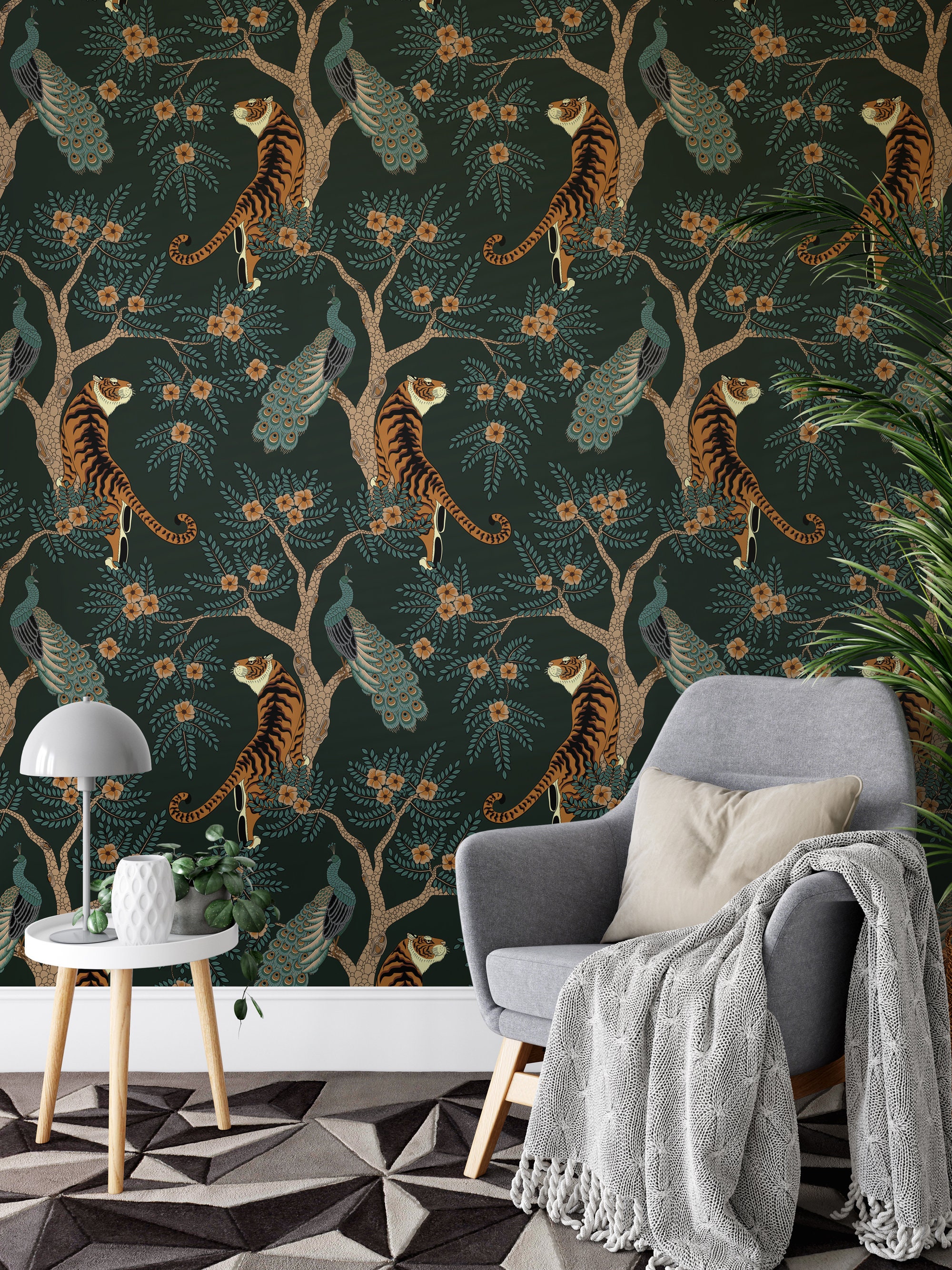 Tiger Jungle Wallpaper: Floral Peel and Stick Wall Mural - Etsy