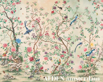 Chinoiserie Magpie Wallpaper, Mural extraíble de pelar y pegar o pegar el diseño de papel pintado no tejido de la pared, diseño chinoi asiático vintage