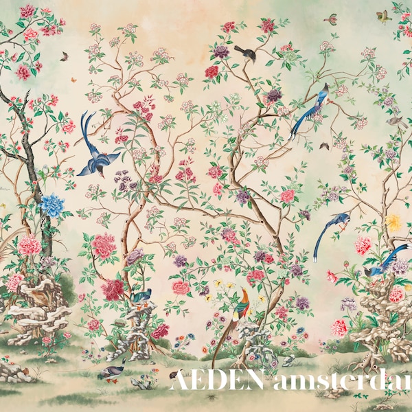 Vintage Asian Magpie Chinoiserie Mural: Peel and Stick Removable Floral Wallpaper