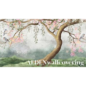 May include: A watercolor mural featuring a large tree with pink blossoms and birds perched on its branches. The background has a misty landscape with green foliage and a soft, neutral color palette. The text "AFDENwallcovering" is at the bottom.