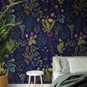 Dark Floral Herbs Wallpaper, Removable Peel and Stick Mural or Paste the Wall Non-Woven Wallpaper Design, Field Flowers Print, Wall Decal