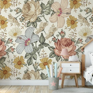 Carta da parati murale floreale, carta da parati rimovibile stacca e incolla o carta da parati dal design tradizionale, stampa di fiori primaverili di campo, adesivo da parete Harlow