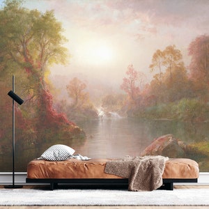 River Landscape Wallpaper, Removable Peel and Stick Mural or Traditional Non-Woven Wallpaper, Forest Tree Painting, Vintage Wall Decal