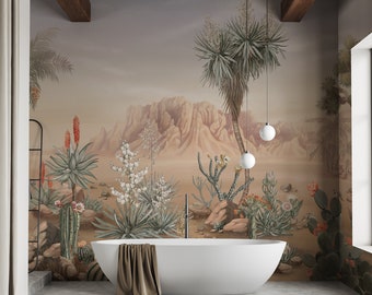 May include: A white bathtub sits in a bathroom with a desert-themed mural featuring cacti, succulents, and a mountain range. The mural is painted in shades of brown, green, and beige.