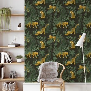 May include: A dark green wallpaper with a repeating pattern of yellow leopards and green tropical leaves.
