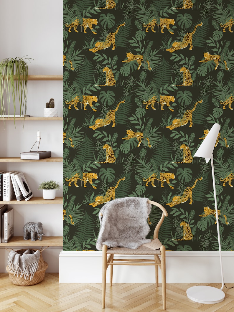 May include: A dark green wallpaper with a repeating pattern of yellow leopards and green tropical leaves.