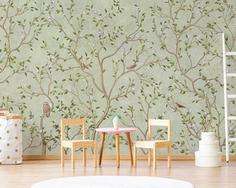 Cotton Trees Wallpaper, Removable Peel and Stick Mural or Traditional Non-Woven Wallpaper, Cotton Forest, Plants and Birds Print, Wall Decal