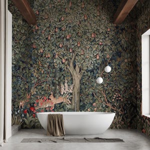 Wald Tapisserie Wandbild, William Morris, Kinderzimmer Tapete, Schälen und Aufkleben oder normale entfernbare Tapete, Tiere im Grünen, Vintage Dekor