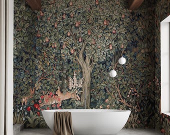 Vintage William Morris Forest Tapestry Wallpaper: Peel & Stick Greenery Animal Mural for Nursery Decor