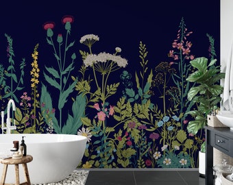 Papel tapiz floral de primavera oscura, mural extraíble de pelar y pegar o pegar el diseño de papel tapiz no tejido de la pared, estampado de flores de campo, calcomanía de pared