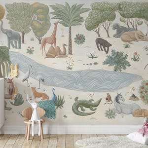 May include: A whimsical mural featuring a savanna scene with various animals, including an elephant, giraffe, camel, and crocodile. The artwork is rendered in soft, muted tones, creating a calming and inviting atmosphere. The mural is suitable for a nursery or children's room.
