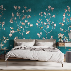 Teal Chinoiserie Wallpaper, Peel rimovibile e Stick murale o incollare il muro non tessuto carta da parati alberi Design, stampa floreale, Decalcomanie da muro