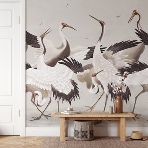 Japanese Crane Wallpaper, Removable Peel and Stick Mural or Paste the Wall Non-Woven Wallpaper Design, Chinoiserie Herons Print, Wall Decal image 1