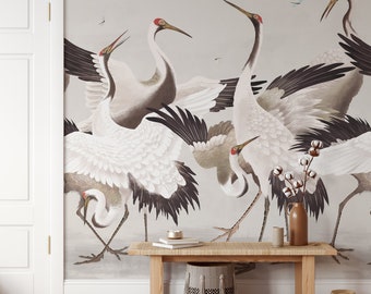 Japanese Crane Wallpaper, Removable Peel and Stick Mural or Paste the Wall Non-Woven Wallpaper Design, Chinoiserie Herons Print, Wall Decal