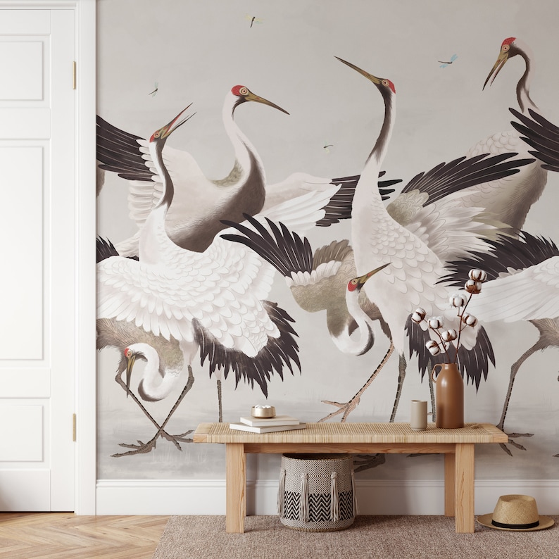 Japanese Crane Wallpaper, Removable Peel and Stick Mural or Paste the Wall Non-Woven Wallpaper Design, Chinoiserie Herons Print, Wall Decal image 1