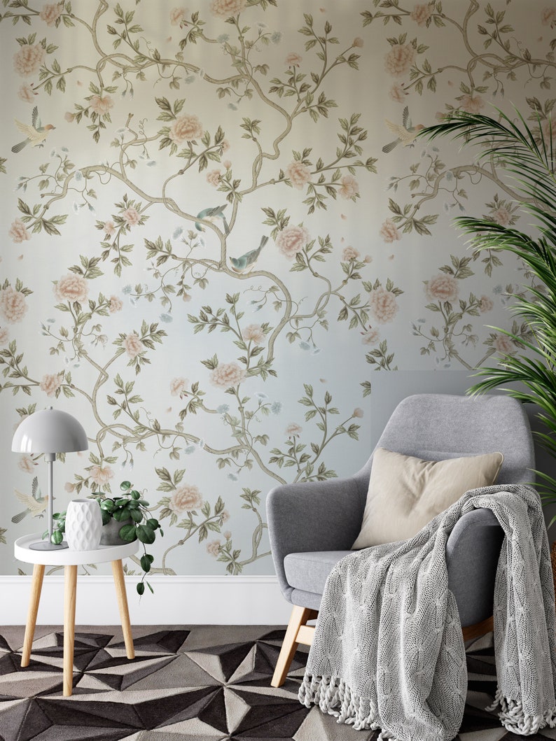 Lente Chinoiserie behang, verwijderbare schil en plak muurschildering of plak de muur vliesbehang ontwerp, champagne print, muur sticker afbeelding 2