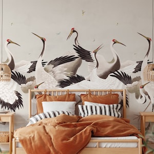 Japanese Crane Wallpaper, Removable Peel and Stick Mural or Paste the Wall Non-Woven Wallpaper Design, Chinoiserie Herons Print, Wall Decal image 2