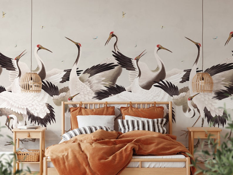 Japanese Crane Wallpaper, Removable Peel and Stick Mural or Paste the Wall Non-Woven Wallpaper Design, Chinoiserie Herons Print, Wall Decal image 2