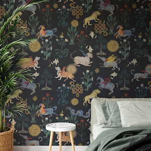 Dark Botanical Alchemical Beast Wallpaper, Chimera, Mythical Animals, Removable Wallpaper, Zodiac Horse Lion, Moody Whimsical Wallpaper