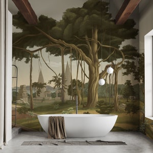 Indian Wallpaper, Removable Peel and Stick Mural or Non Woven Wallpaper, India Wallpaper, Taj Mahal Mughal Temple with peacock and elephants
