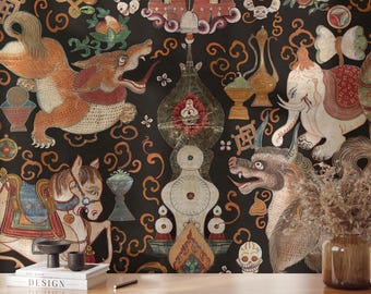 Papier peint amovible bouddhiste tibétain animaux mythiques - Décoration de tapisserie de monastère adhésive