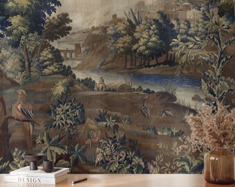 May include: A vintage tapestry featuring a detailed landscape scene with a river, trees, and a distant city. The tapestry is in shades of brown, green, and blue, with a faded, antique look.