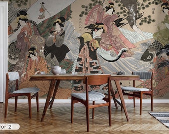 Papel pintado de geisha japonés, mural extraíble de cáscara y palo o papel pintado tradicional no tejido, diseño cortesana, grabado en madera, calcomanía de pared