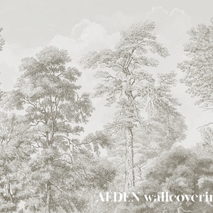 Carta da parati ad albero, carta da parati staccabile e incollabile o non tessuta, disegno di un grande albero, foresta in cima all'albero color seppia, carta da parati grigia per la decorazione domestica