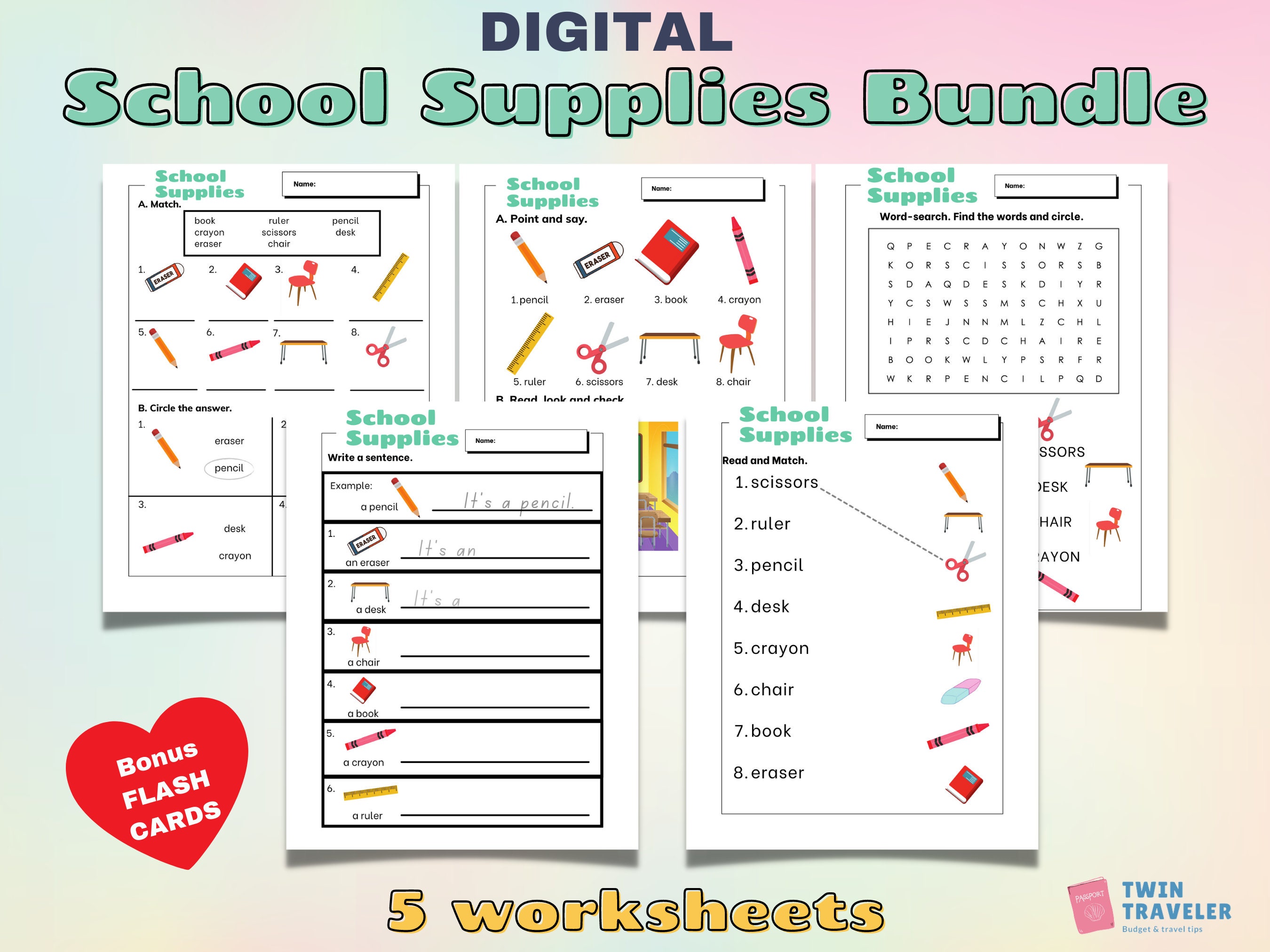 1st grade worksheets school supplies pdf english school etsy new zealand