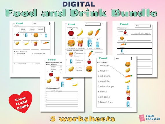 1st grade worksheet on food vocabulary english food etsy