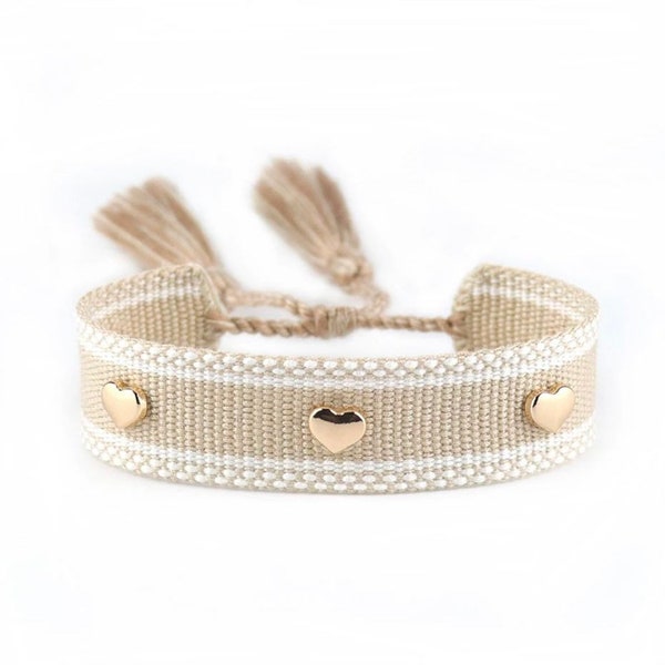 Beautiful Woven cotton bracelet with gold hearts and tassels
