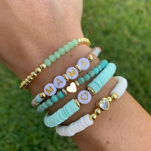 Custom set/Crystal beaded Bracelet/Aqua Jasper Gemstone bracelet / Heart Bracelet / Word Bracelet/ Heishi Bracelet / Green pastel bracelets