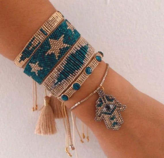 Buy Beautiful Bracelets of Teal and Gold Miyuki Beads Hamsa