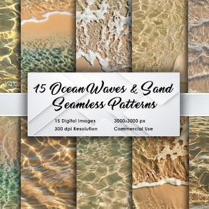Oceaangolven en zand – 15 naadloze patronen 3000 x 3000 px, 300 DPI, realistische strandtexturen met zachte golven en goudkleurig zand