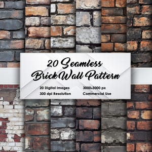 20 padrões de parede de tijolos sem costura, texturas estruturais 3000x3000 px, 300 DPI, designs realistas em vários tons, perfeitos para impressão e projetos