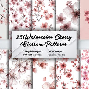 25 Aquarell-Kirschblüten-Muster - nahtlose Designs 3000x3000 px, 300 DPI, Florale Grafiken für Drucke, Tapeten, Stoffe & DIY-Projekte