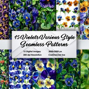 15 violetas en estilo artístico: patrones sin costuras de 3000 x 3000 px, 300 DPI, varios estilos, perfectos para fondos de pantalla, telas y bricolaje