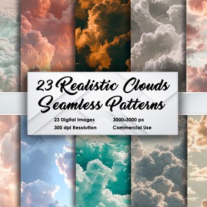 23 realistische kalme wolken: naadloze patronen 3000 x 3000 px, 300 dpi, zachte luchttexturen voor print, behang, stof, doe-het-zelf en grafisch ontwerp