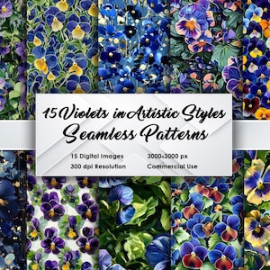 15 patrones artísticos sin costuras de violetas, 3000 x 3000 px, 300 DPI, diseños florales para fondos de pantalla, telas, impresiones, bricolaje, álbumes de recortes y gráficos