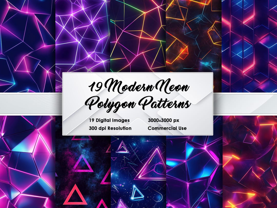 19 Modern Polygon Patterns – Seamless Neon Designs 3000x3000 Px, 300 ...