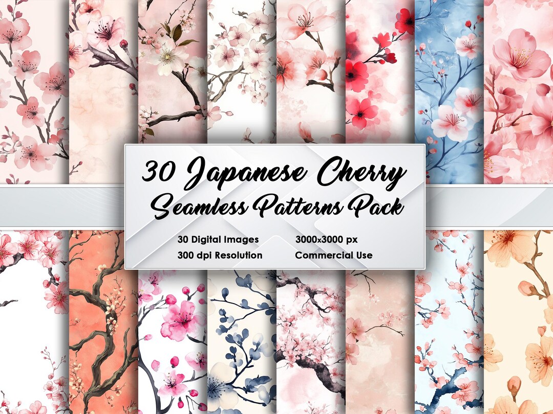 Japanese Cherry Blossoms – 30 Watercolor Seamless Patterns 3000x3000 Px ...