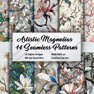Magnolias artísticas: 14 patrones sin costuras, 3000 x 3000 px, 300 DPI, Mix-Art, gráficos florales artísticos para impresión, papel tapiz, tela y bricolaje