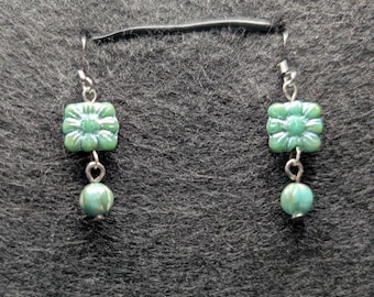Turquoise Picasso Czech Glass Earrings: Silver Plated Flower & Melon